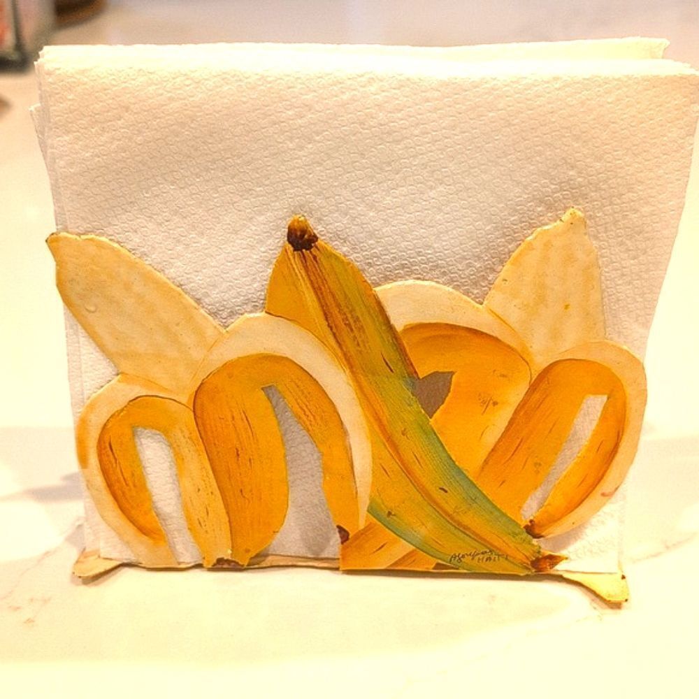 Hand Made Metal Banana Cut Out Napkin Letter Holder Artist Signed Vintage